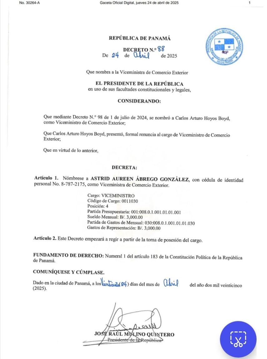 Decreto Ejecutivo por la cual se nombró a la nueva viceministra de Comercio Exterior. Decreto Ejecutivo por la cual se nombró a la nueva viceministra de Comercio Exterior.