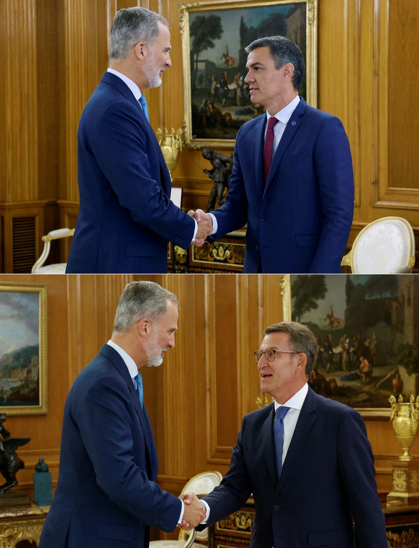 El rey de España, Felipe VI, culminó este martes su ronda de consultas para decidir quién tiene más posibilidades de ser investido como nuevo presidente del gobierno, si el jefe del ejecutivo saliente, el socialista Pedro Sánchez, o el derechista Alberto Núñez Feijóo. El rey de España, Felipe VI, culminó este martes su ronda de consultas para decidir quién tiene más posibilidades de ser investido como nuevo presidente del gobierno, si el jefe del ejecutivo saliente, el socialista Pedro Sánchez, o el derechista Alberto Núñez Feijóo.