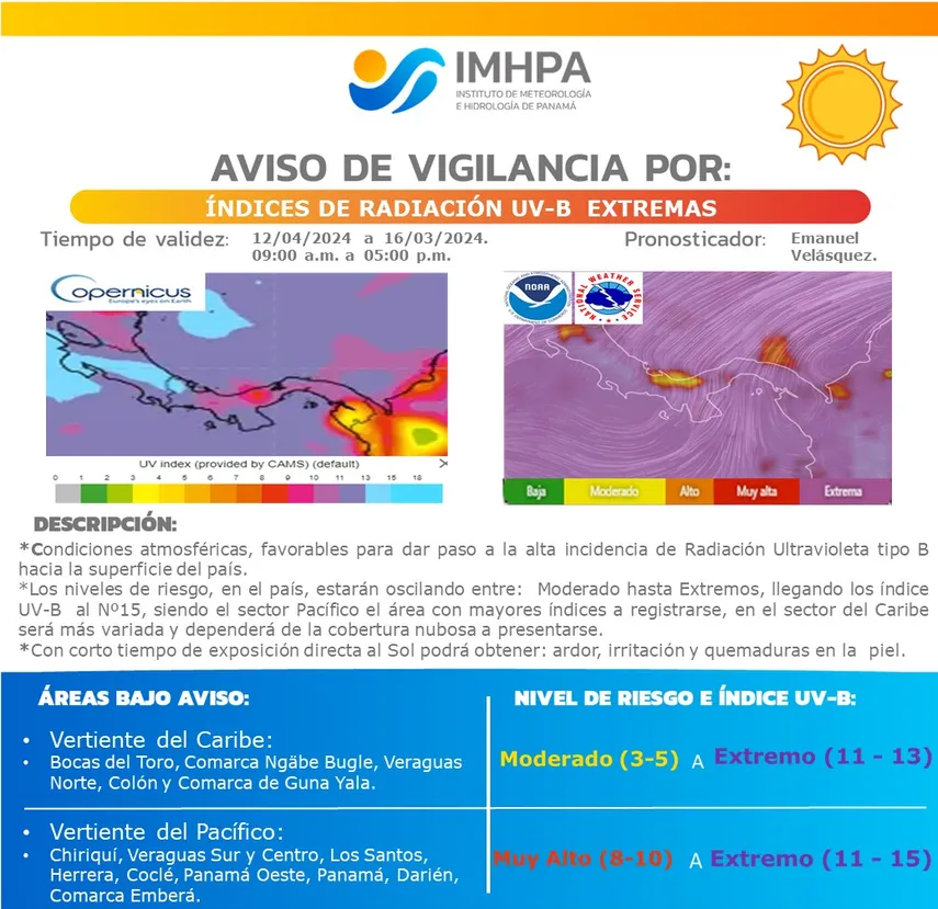 El aviso de vigilancia por el IMHPA sobre niveles extremos de índices de radiación UV-B afectará a varias zonas de Panamá. El aviso de vigilancia por el IMHPA sobre niveles extremos de índices de radiación UV-B afectará a varias zonas de Panamá.