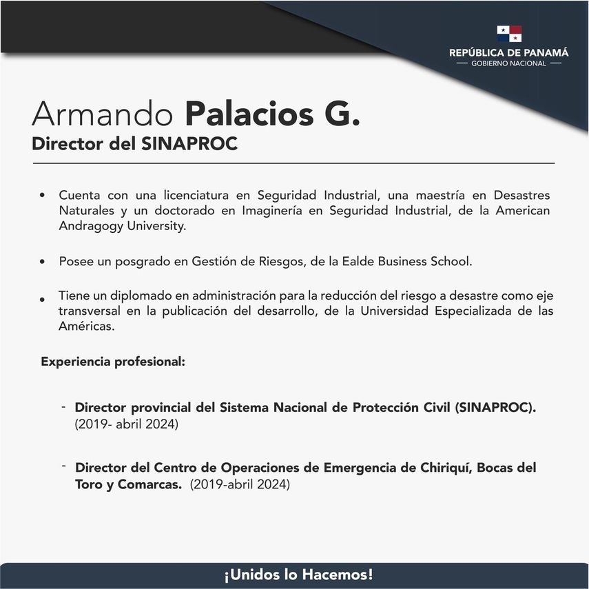 El presidente Laurentino Nito Cortizo nombró a Armando Javier Palacios G. como nuevo director general del Sistema Nacional de Protección Civil (Sinaproc). El presidente Laurentino Nito Cortizo nombró a Armando Javier Palacios G. como nuevo director general del Sistema Nacional de Protección Civil (Sinaproc).