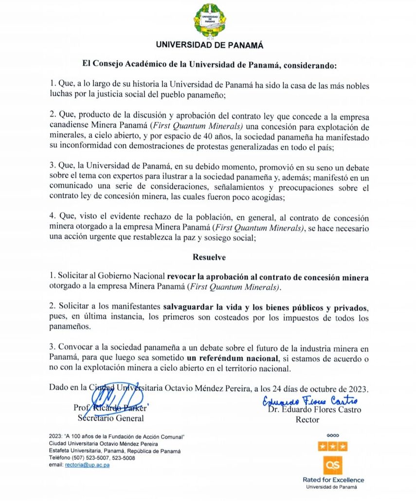 Además de revocar el contrato minero, la Universidad de Panamá recomienda un referéndum a nivel nacional, para determinar el futuro de la minería en el país. Además de revocar el contrato minero, la Universidad de Panamá recomienda un referéndum a nivel nacional, para determinar el futuro de la minería en el país.