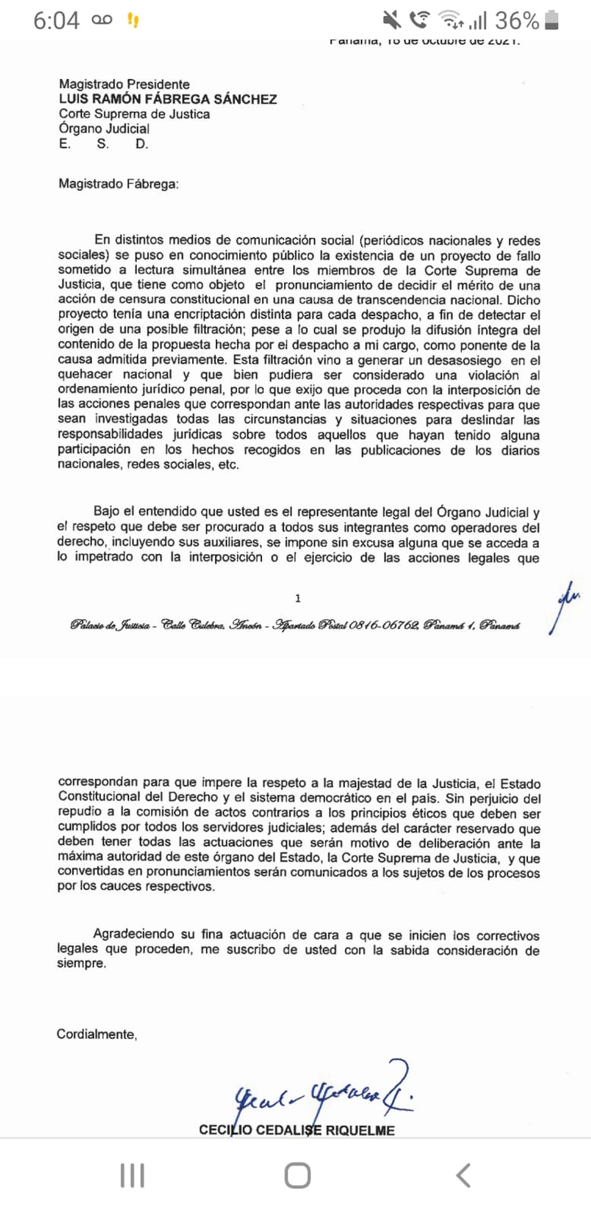 Carta de Magistrado de la Corte Suprema de Justicia, Cecilio Cedalise