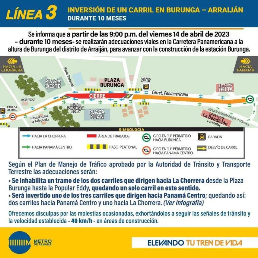 Burunga-Arraiján: Habrá inversión de un carril por 10 meses.