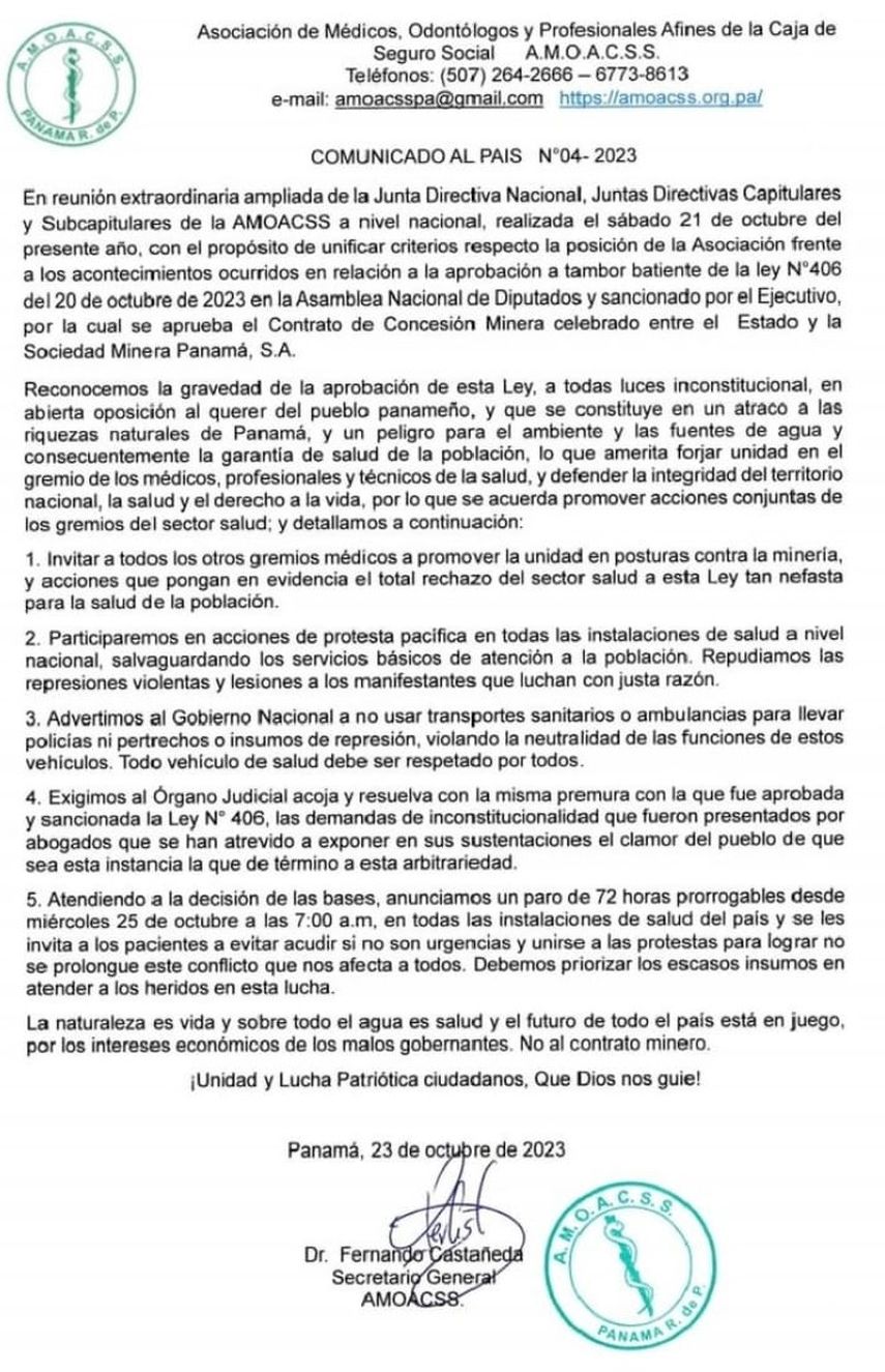 La Asociación de Médicos, Odontólogos y Profesionales Afines de la Caja del Seguro Social exigen al Gobierno Nacional la derogación del contrato minero. La Asociación de Médicos, Odontólogos y Profesionales Afines de la Caja del Seguro Social exigen al Gobierno Nacional la derogación del contrato minero.