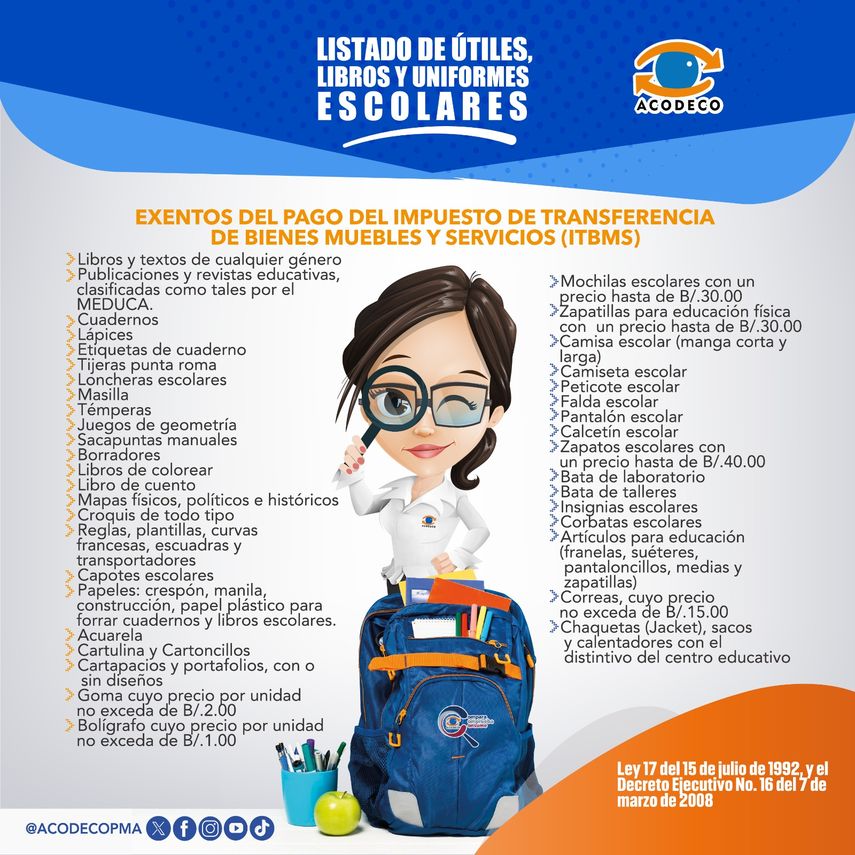Acodeco reitera los útiles escolares que están exentos del 7%. Acodeco reitera los útiles escolares que están exentos del 7%.