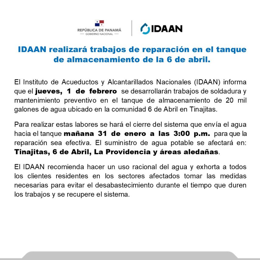 El Idaan exhorta a sus usuarios al uso racional del agua, evitar llenar piscinas, practicar limpieza y reutilizaci&oacute;n del agua en la medida que sea posible.