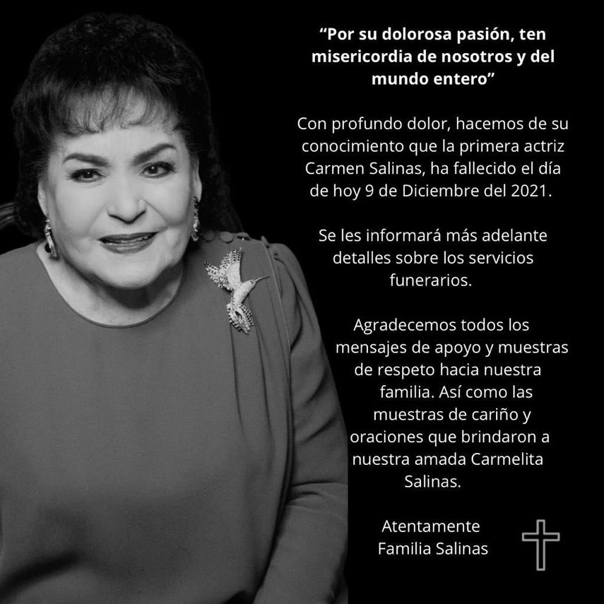 La familia de Carmen Salinas en México agradeció los mensajes de apoyo y muestras de 