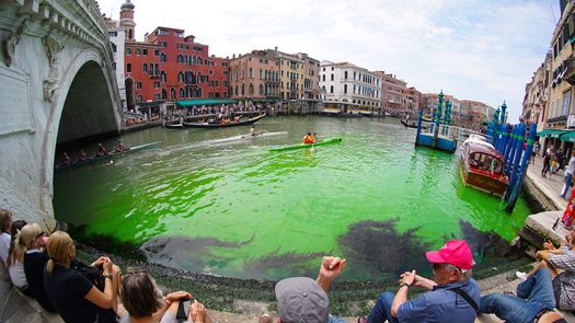 Agua del Gran Canal de Venecia en Italia se tiñó de verde. Foto: AFP