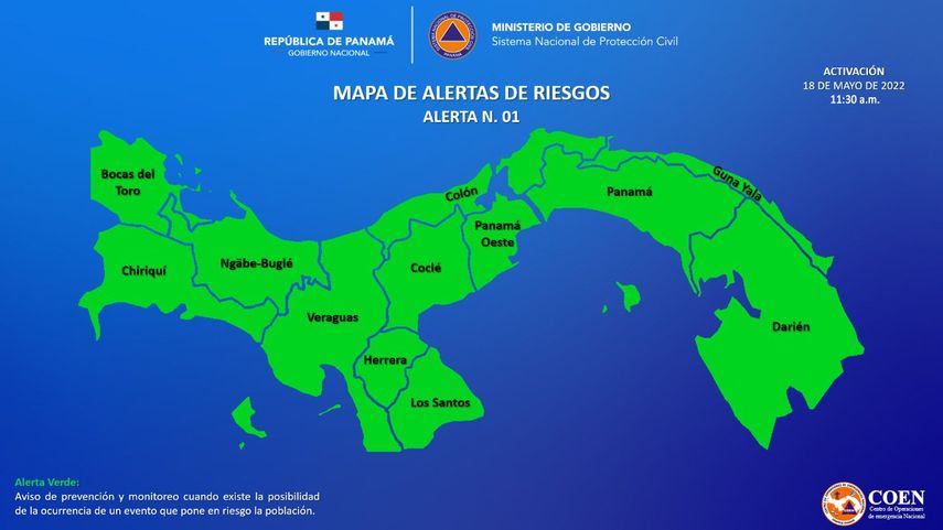 El Sistema Nacional de Protección Civil (SINAPROC) declaró hoy una Alerta Verde Preventiva a partir de la 11:30 a.m., de este miércoles.