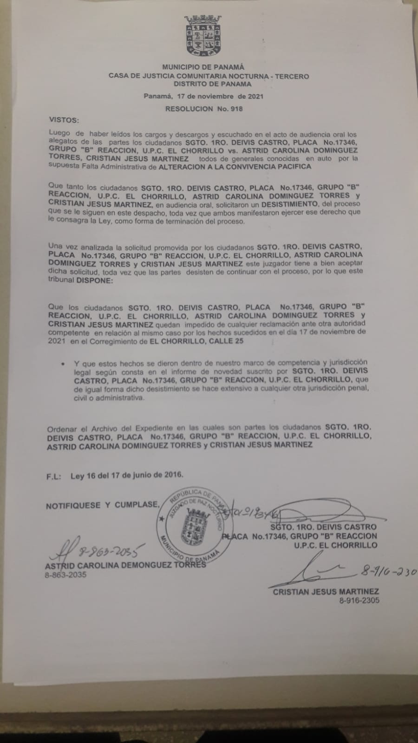 Resolución del Juzgado de Paz tras incidente con la Policía Nacional