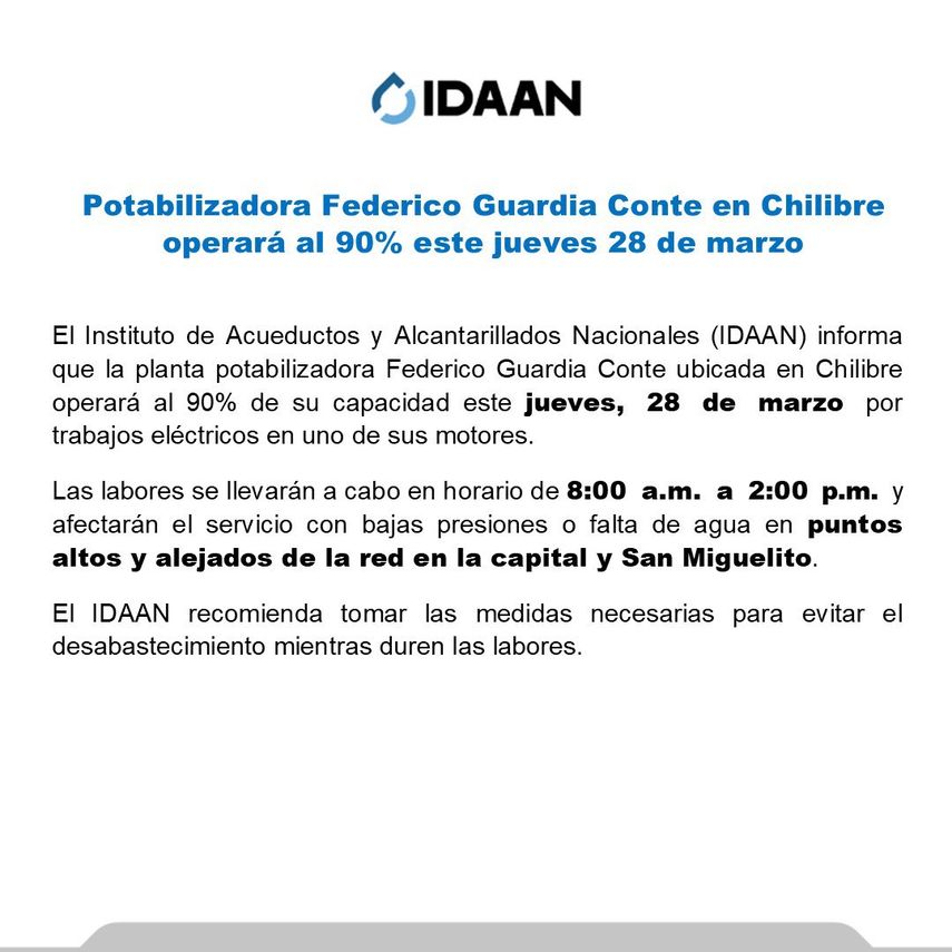 El IDAAN recomienda a la poblaci&oacute;n tomar las medidas necesarias para evitar el desabastecimiento de agua potable mientras duren las labores.