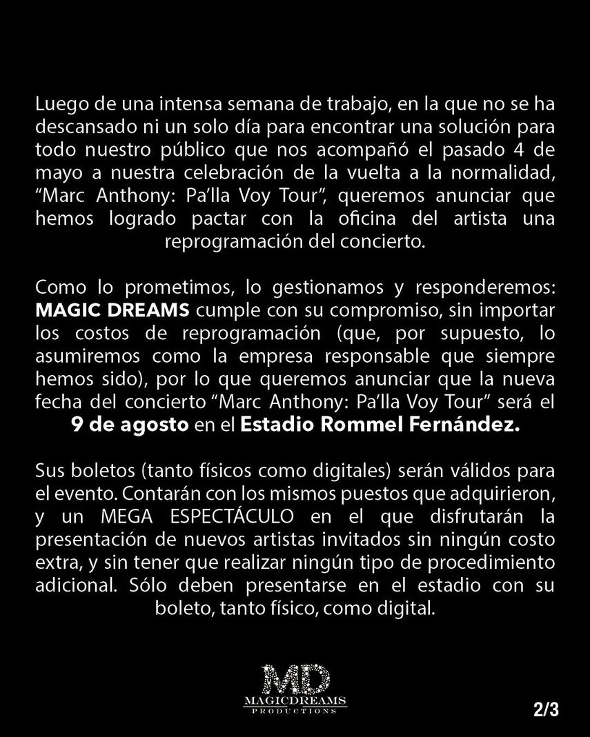 Comunicado de Magic Dreams sobre la reprogramación del concierto de Marc Anthony en Panamá