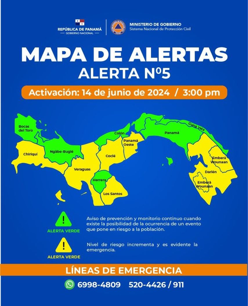 El Sistema Nacional de Protecci&oacute;n Civil (Sinaproc) elev&oacute; hoy una Alerta Amarilla para las provincias de Dari&eacute;n, Panam&aacute; Oeste, Cocl&eacute;, Los Santos, Chiriqu&iacute;, Veraguas y la comarca Ember&aacute;-Wounaan, a partir de las 3:00 p.m., de este viernes 14 de junio de 2024.