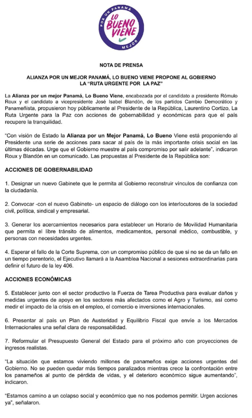 La iniciativa fue presentada al Presidente Laurentino Cortizo por la dirigencia de la Alianza por un mejor Panam&aacute;, Lo Bueno Viene.