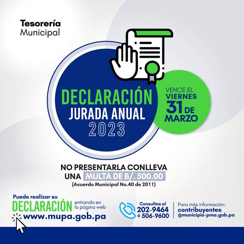 La Tesorería del Municipio de Panamá informó a todos los contribuyentes que el periodo para realizar la Declaración Jurada de Ingresos y Publicidad Móvil correspondiente al 2022, ya entró en su recta final, la cual vence el próximo viernes 31 de marzo.