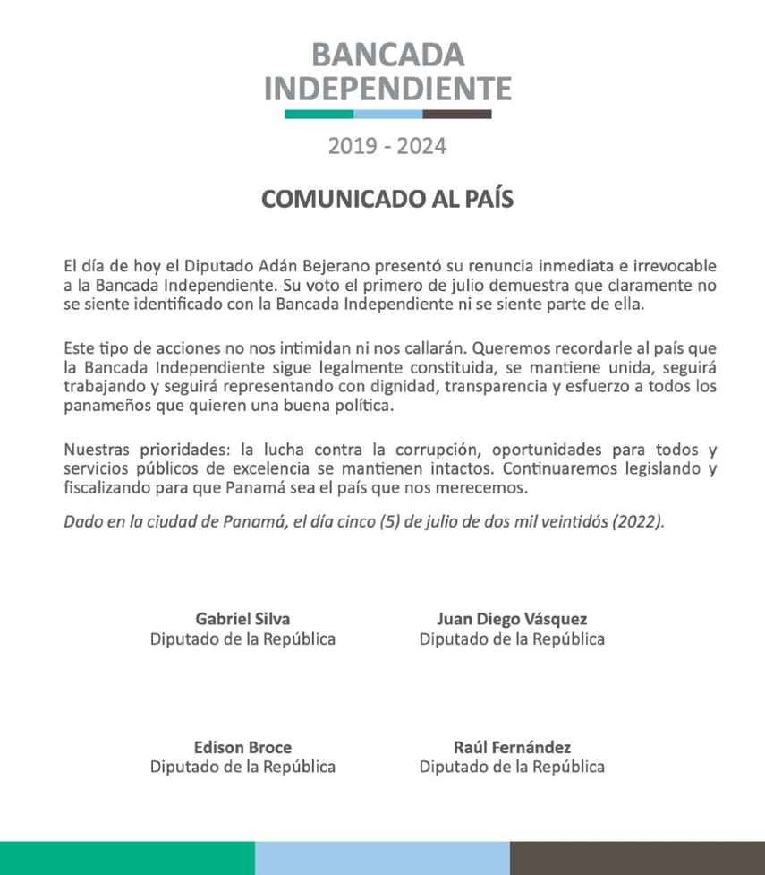 Comunicado de la bancada independiente tras renuncia de Adán Bejerano