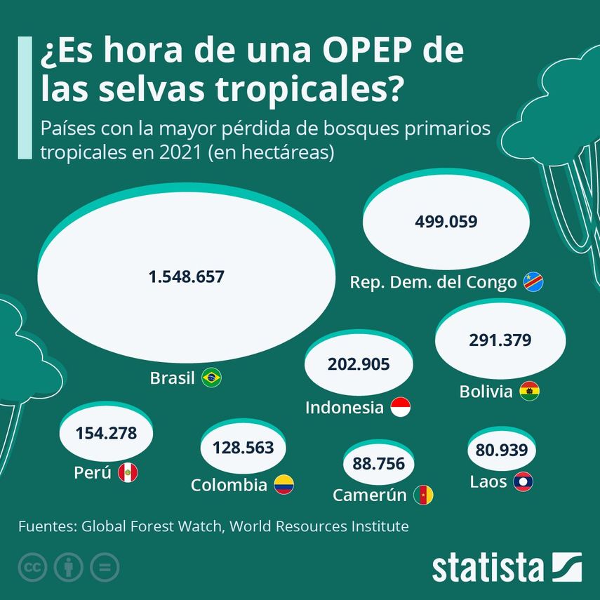 The Guardian informa que Brasil, Indonesia y la República Democrática del Congo, que albergan el 52% de los bosques tropicales primarios que quedan en el mundo.