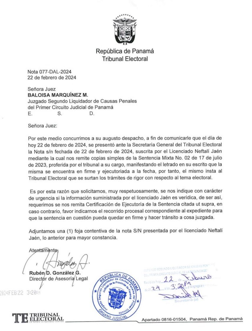 Tras recibir copia de la sentencia mixta del Caso New Business, entregadas el jueves por el abogado Neftalí Jaén, el  Tribunal Electoral remitió una nota a la jueza Baloísa Marquínez para consultarle si esta se encuentra 