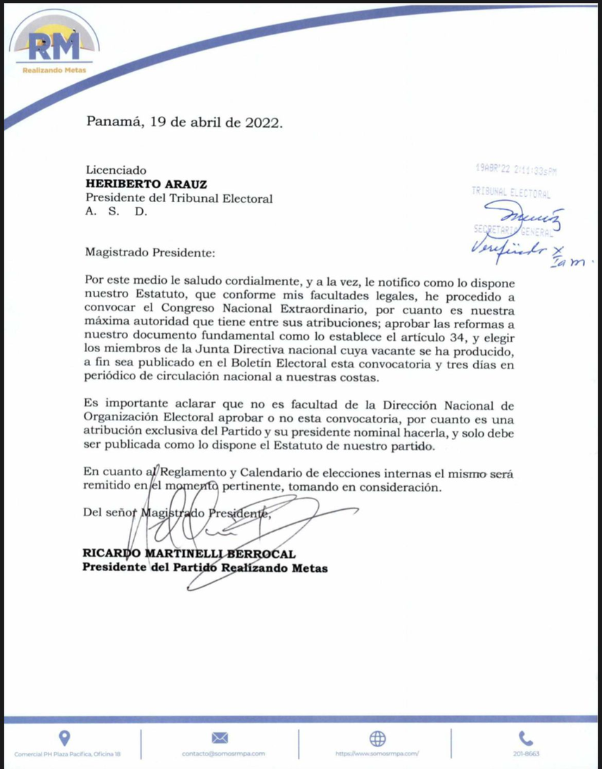 Misiva del presidente de Realizando Metas al Magistrado Araúz del Tribunal Electoral