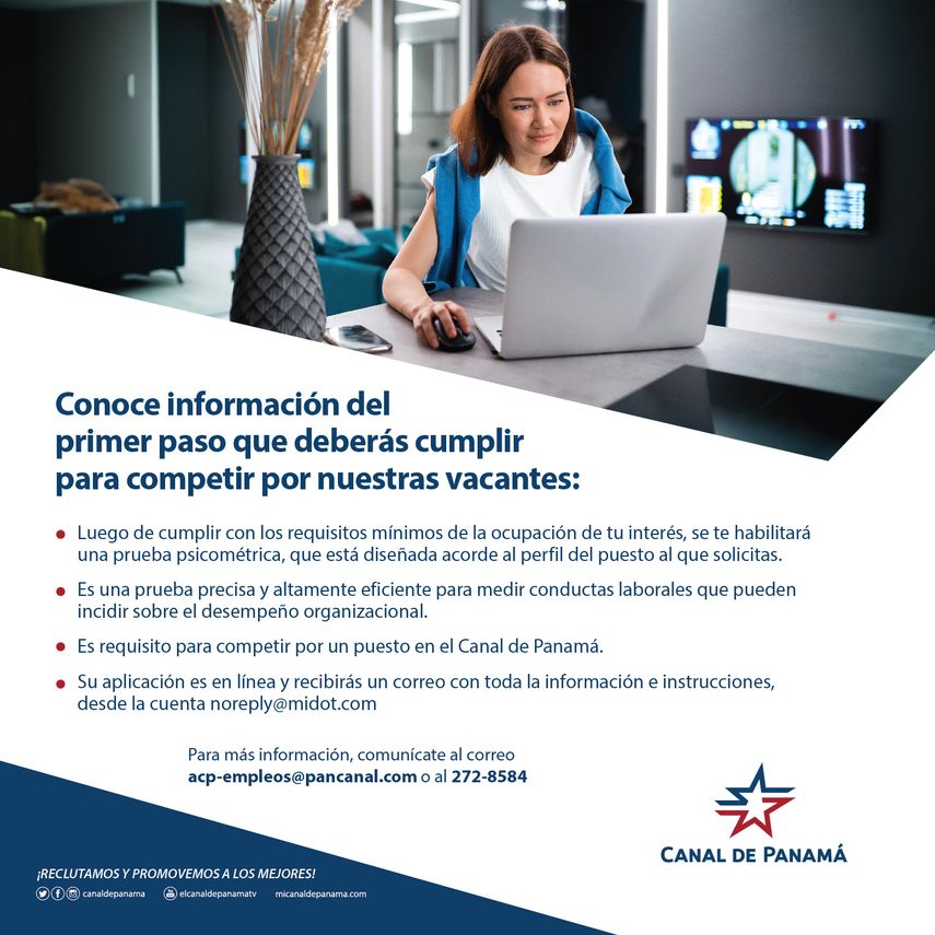 La Autoridad del Canal de Panamá (ACP) anunció la disponibilidad de 15 nuevas vacantes de empleos, las cuales pueden consultarse y postularse a través del portal de empleos en su sitio web oficial, pancanal.com. La Autoridad del Canal de Panamá (ACP) anunció la disponibilidad de 15 nuevas vacantes de empleos, las cuales pueden consultarse y postularse a través del portal de empleos en su sitio web oficial, pancanal.com.