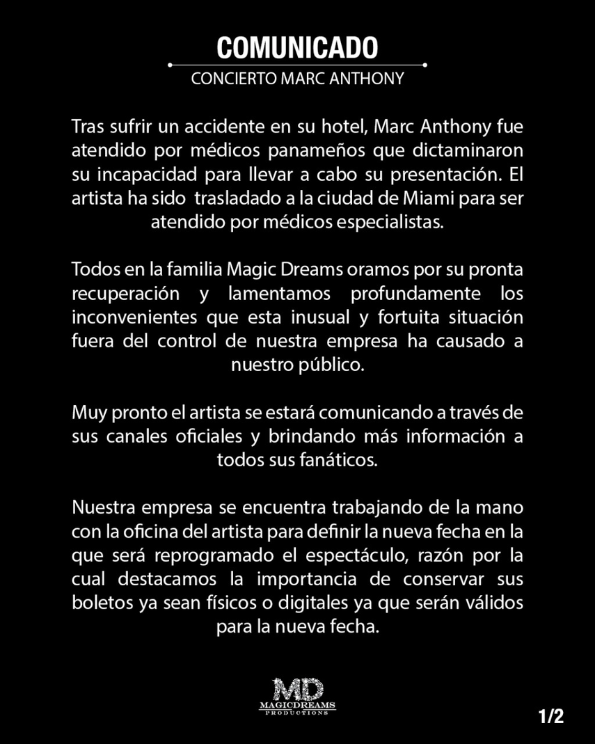 Parte del comunicado de la empresa Magic Dreams sobre la cancelación del show de Marc Anthony en Panamá