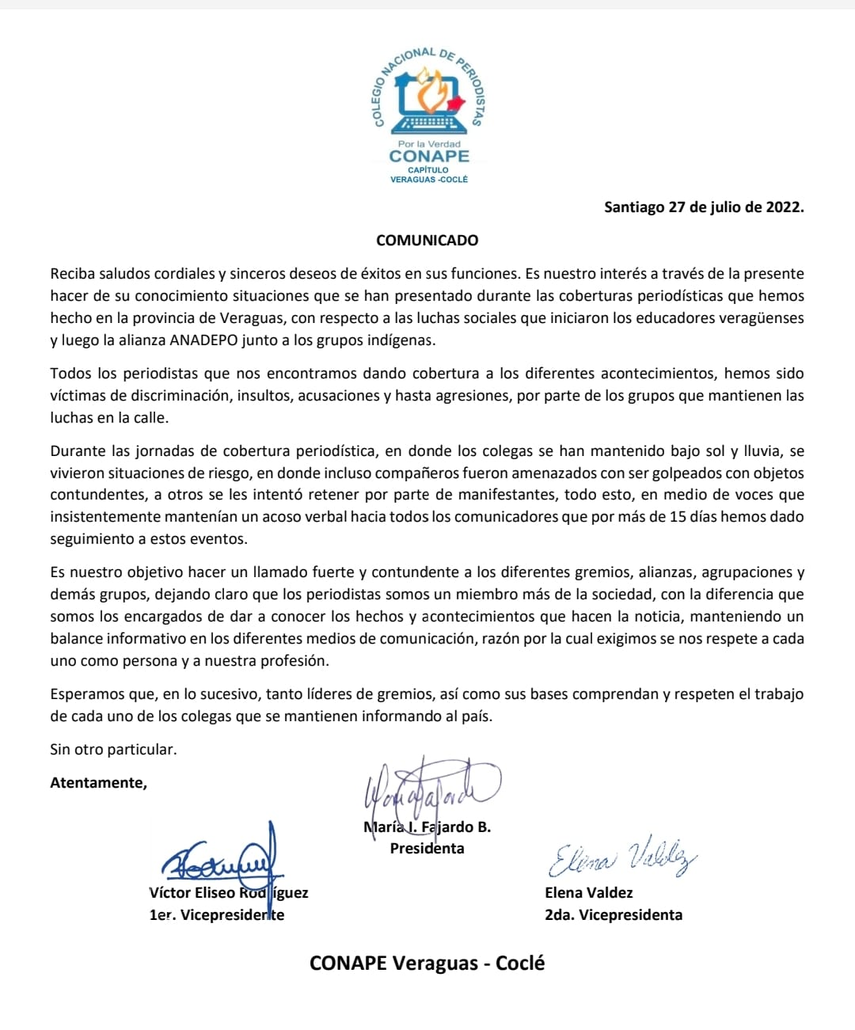 COMUNICADO. El Colegio Nacional de Periodistas (Conape), Capítulo de Veraguas-Coclé