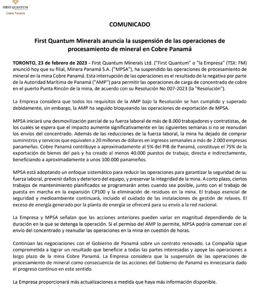 Comunicado de Minera Panamá