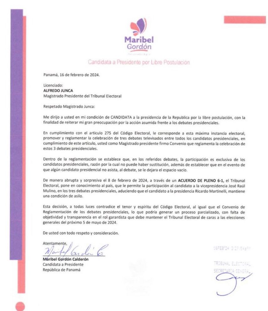 A través de una carta, la candidata a la presidencia de la República, Maribel Gordón, advirtió al Tribunal Electoral sobre participación de Mulino en debates presidenciales. A través de una carta, la candidata a la presidencia de la República, Maribel Gordón, advirtió al Tribunal Electoral sobre participación de Mulino en debates presidenciales.
