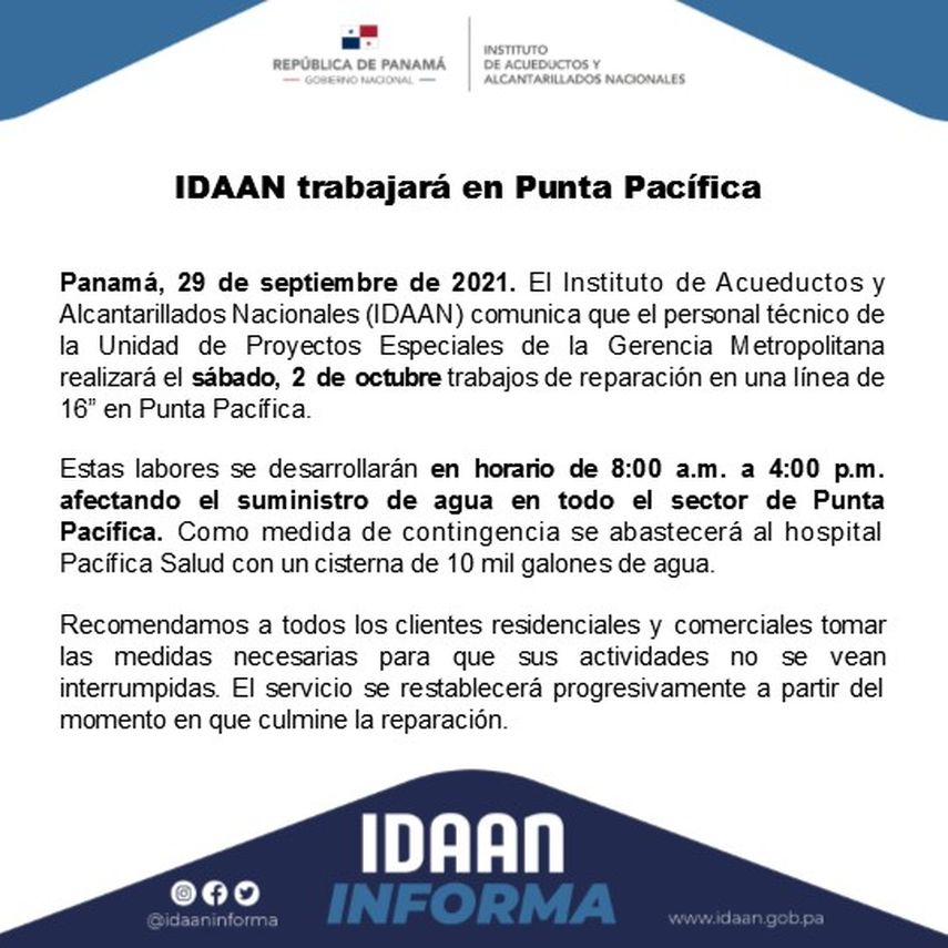 IDAAN suspenderá servicios en Punta Pacífica este sábado