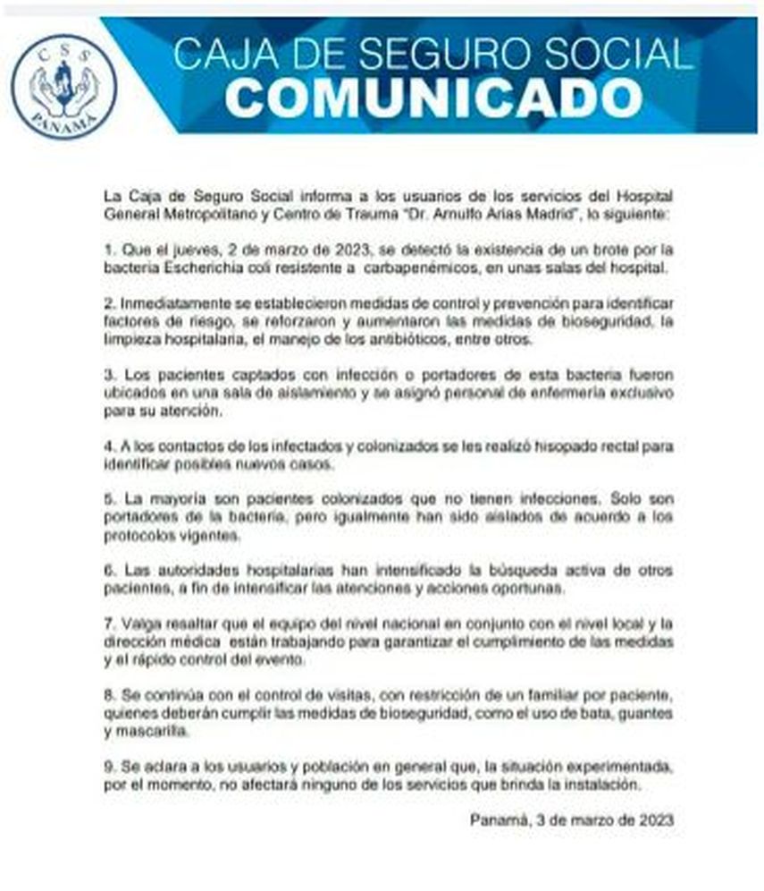 Comunicado: CSS detecta brote de bacteria en el Complejo Metropolitano.