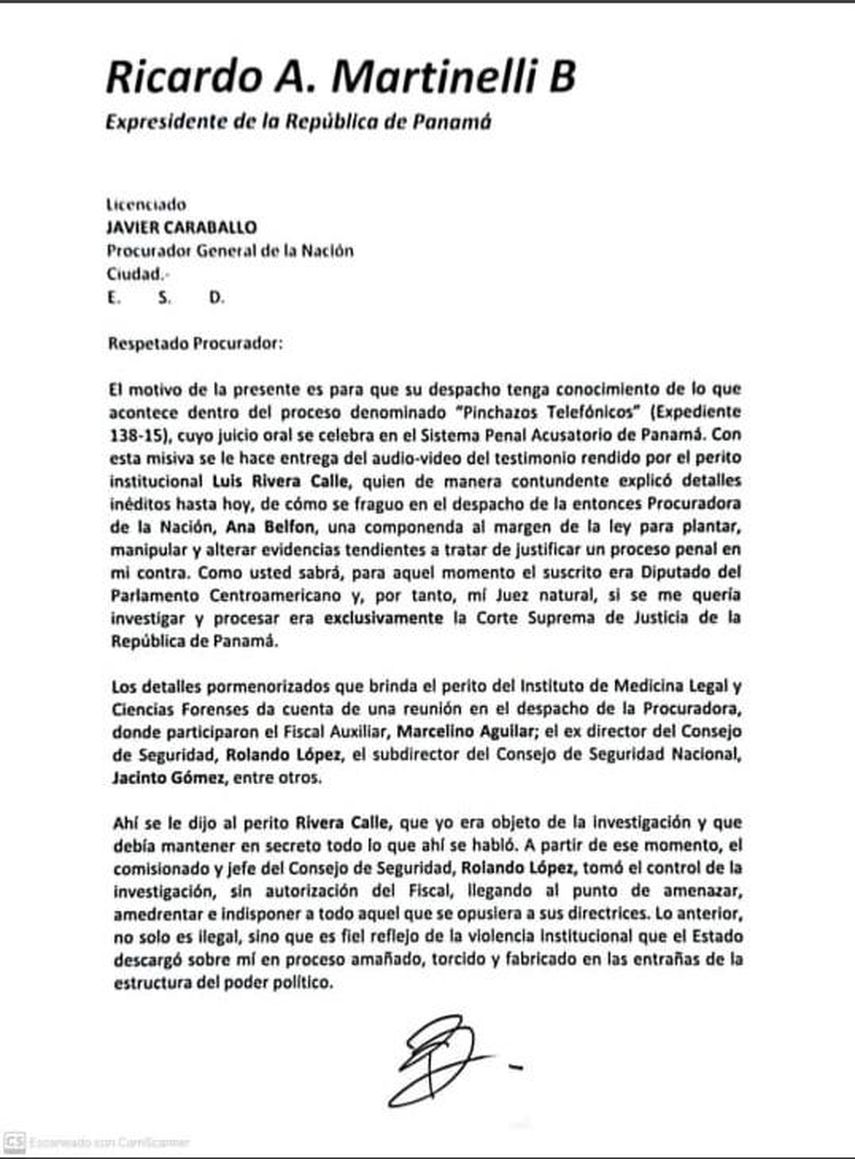 Caso Pinchazos: Martinelli envía carta al Procurador