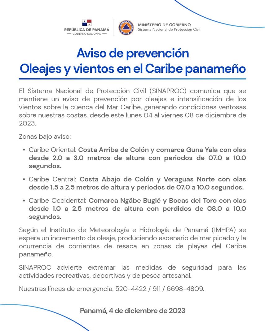 El SINAPROC advierte a la población seguir las normas y medidas que dicten los estamentos de seguridad, ubicados en puertos y áreas de playas. El SINAPROC advierte a la población seguir las normas y medidas que dicten los estamentos de seguridad, ubicados en puertos y áreas de playas.