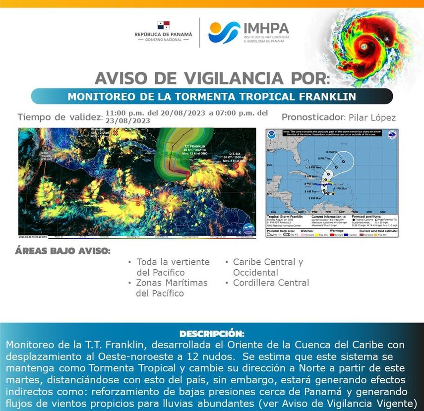 Sinaproc emite aviso de prevención por la tormenta tropical Franklin Sinaproc emite aviso de prevención por la tormenta tropical Franklin