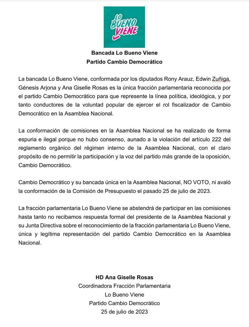Fracción Lo Bueno Viene, representantes del partido Cambio Democrático (CD), aseguraron que ellos no respaldaron la designación de Benicio Robinson. Fracción Lo Bueno Viene, representantes del partido Cambio Democrático (CD), aseguraron que ellos no respaldaron la designación de Benicio Robinson.