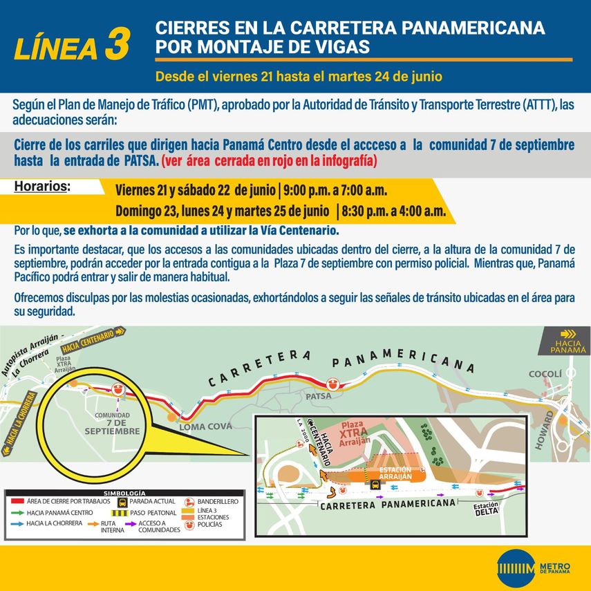 El Metro de Panam&aacute; inform&oacute; sobre el cierre temporal de los carriles en la carretera Panamericana, que se llevar&aacute; a cabo desde el viernes 21 hasta el martes 25 de junio.&nbsp;