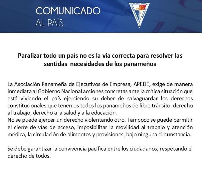 Apede: Paralizar todo un país no es la vía correcta.