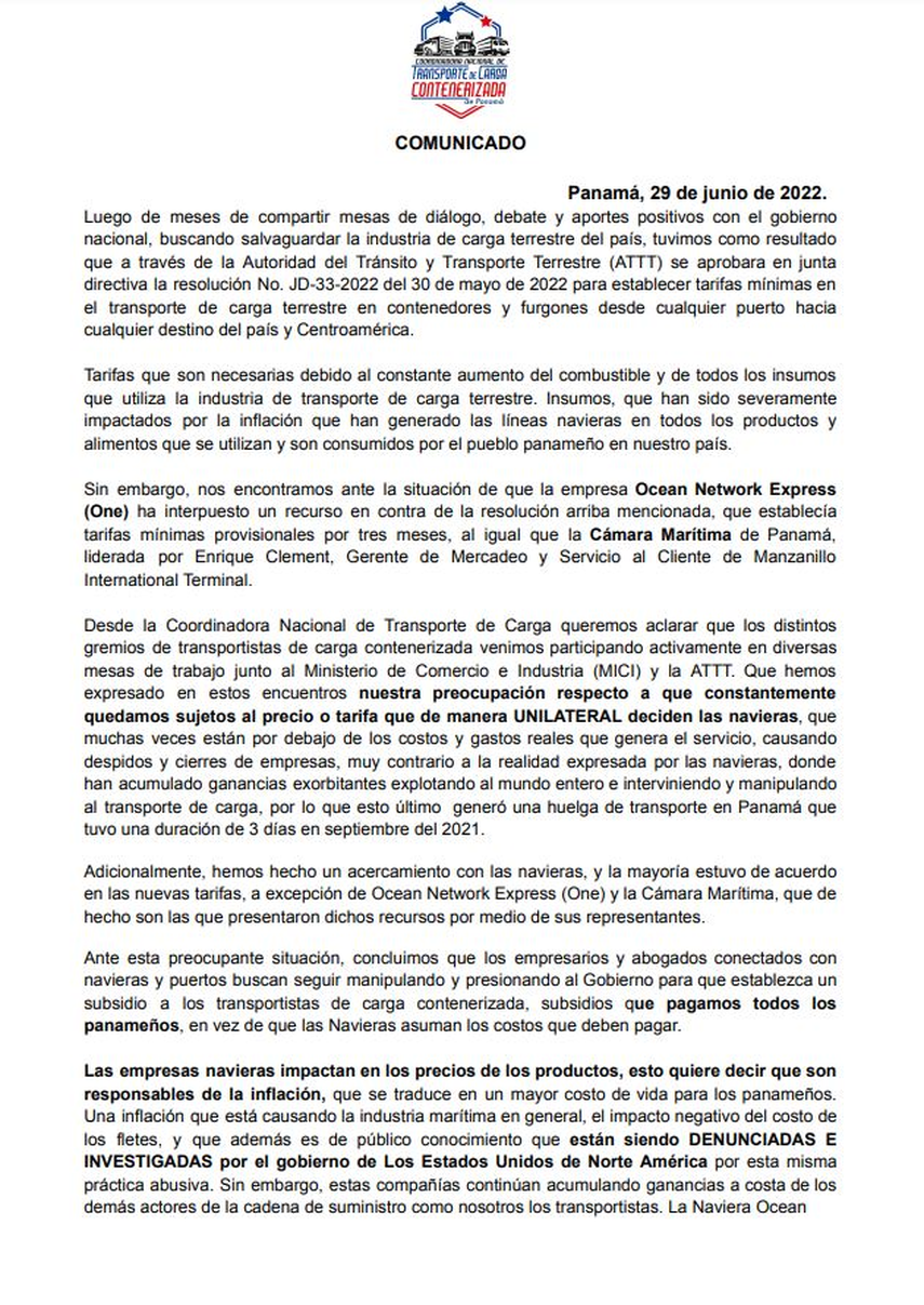 Comunicado de la Coordinadora Nacional de Transporte de Carga de Panamá