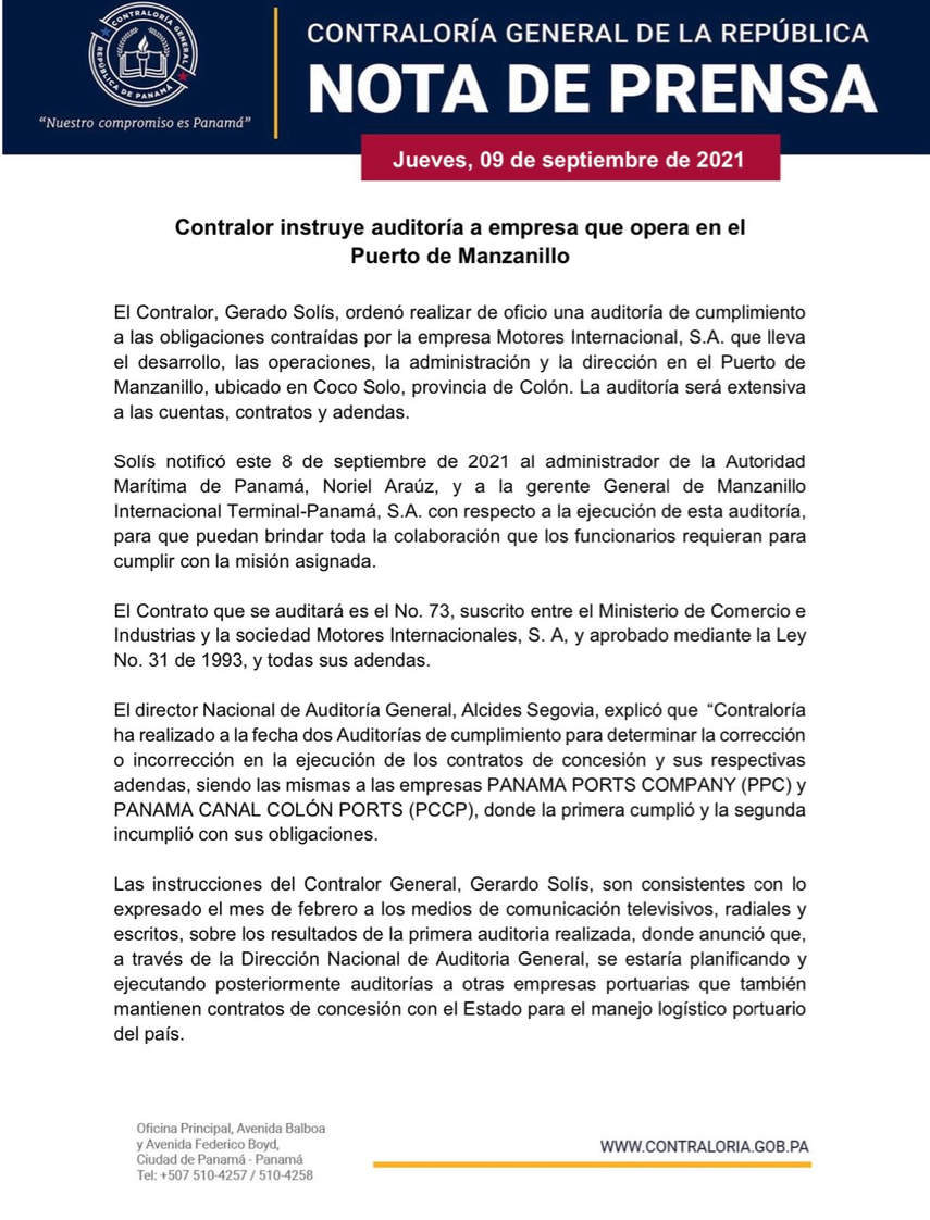 Contralor&iacute;a instruye auditor&iacute;a a empresa que opera en el Puerto de Manzanillo.