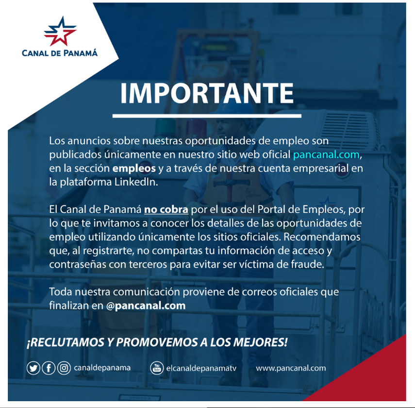 Las personas interesadas en las vacantes deben crear una cuenta en el portal de empleos del Canal de Panamá. Las personas interesadas en las vacantes deben crear una cuenta en el portal de empleos del Canal de Panamá.