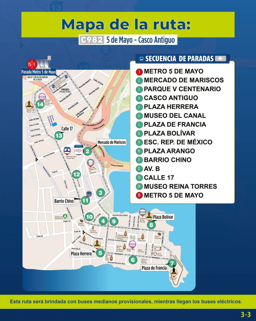 A partir de este lunes 31 de marzo de 2025, MiBus pondrá en operación la nueva ruta C982 Metro 5 de Mayo – Casco Antiguo, facilitando la conexión entre los ciudadanos y visitantes con uno de los destinos históricos más emblemáticos de Panamá. A partir de este lunes 31 de marzo de 2025, MiBus pondrá en operación la nueva ruta C982 Metro 5 de Mayo – Casco Antiguo, facilitando la conexión entre los ciudadanos y visitantes con uno de los destinos históricos más emblemáticos de Panamá.