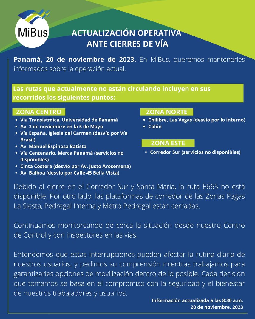 Para este lunes 20 de noviembre, organizaciones sindicales y magisteriales han programado cierres de vías y protestas contra el contrato Ley 406 entre el Estado y Minera Panamá. A tempranas horas de hoy ya se reportan algunas manifestaciones en ciertos puntos del país. Para este lunes 20 de noviembre, organizaciones sindicales y magisteriales han programado cierres de vías y protestas contra el contrato Ley 406 entre el Estado y Minera Panamá. A tempranas horas de hoy ya se reportan algunas manifestaciones en ciertos puntos del país.
