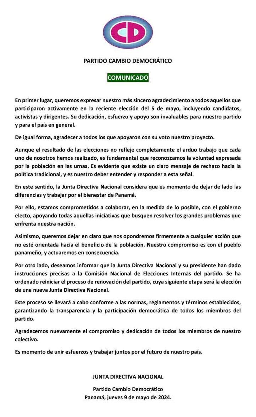 Comunicado oficial de Cambio Democrático, previo a la proclamación oficial del presidente electo, José Raúl Mulino. Comunicado oficial de Cambio Democrático, previo a la proclamación oficial del presidente electo, José Raúl Mulino.
