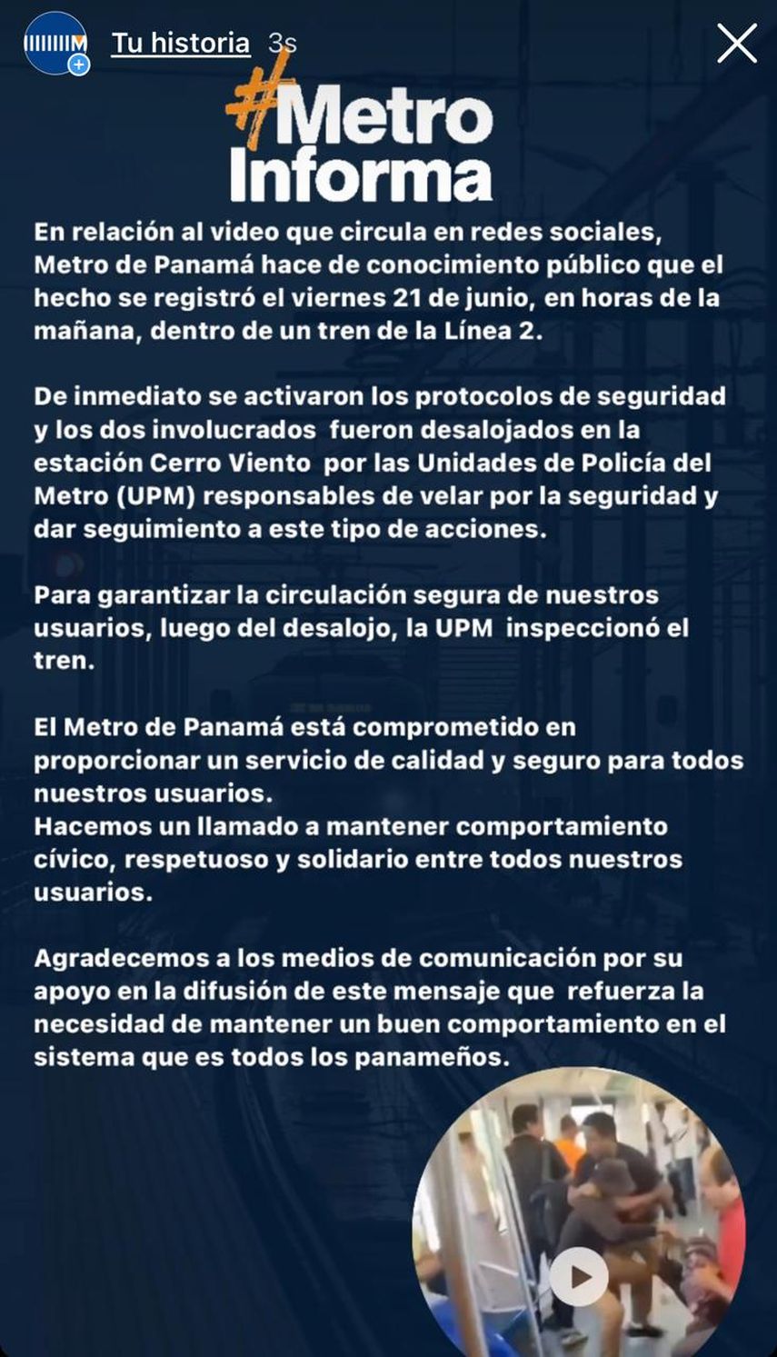 Metro de Panamá se pronuncia sobre incidente en tren de Línea 2.