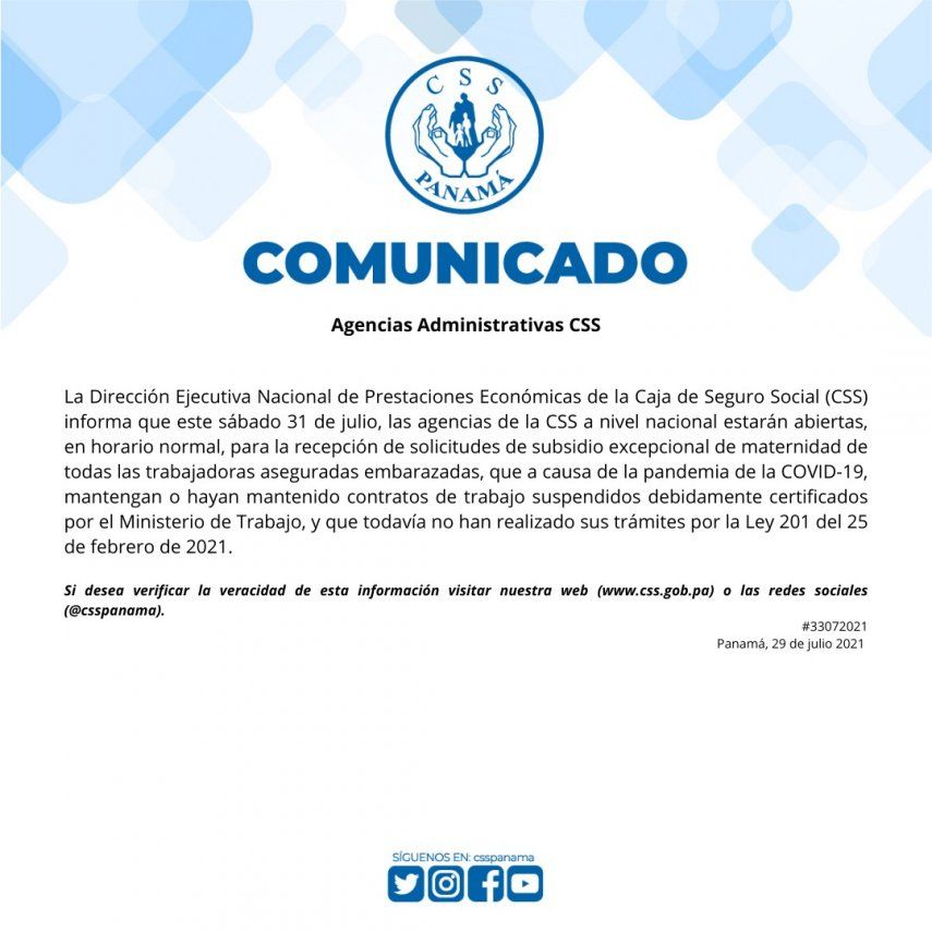Las aseguradas de la CSS embarazadas o que ya dieron a luz, con contratos laborales suspendidos, tienen hasta el 31 de julio de 2021 para realizar sus solicitudes.