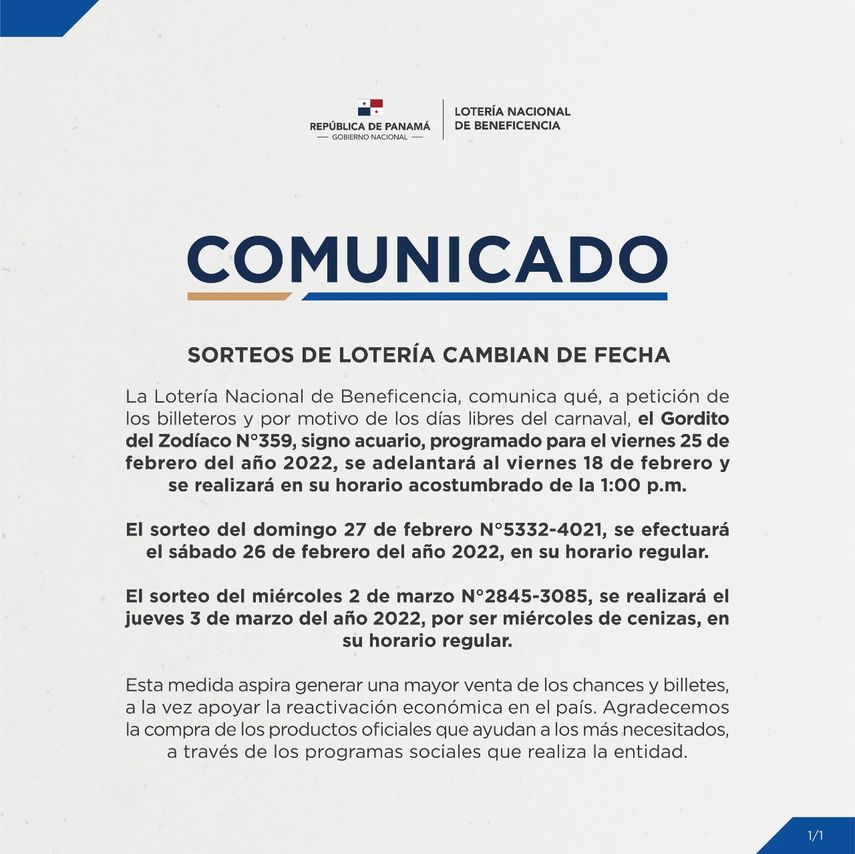 La Loter&iacute;a Nacional cambia fechas de sorteos por Carnaval.