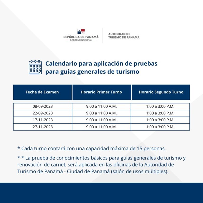 Calendario para aplicar las pruebas a guías generales de turismo certificado por la ATP. Calendario para aplicar las pruebas a guías generales de turismo certificado por la ATP.