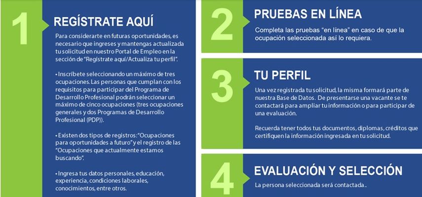 En el portal web de Empleos del Canal de Panamá se encuentra toda la información referente a la aplicación para los diferentes empleos disponibles. En el portal web de Empleos del Canal de Panamá se encuentra toda la información referente a la aplicación para los diferentes empleos disponibles.