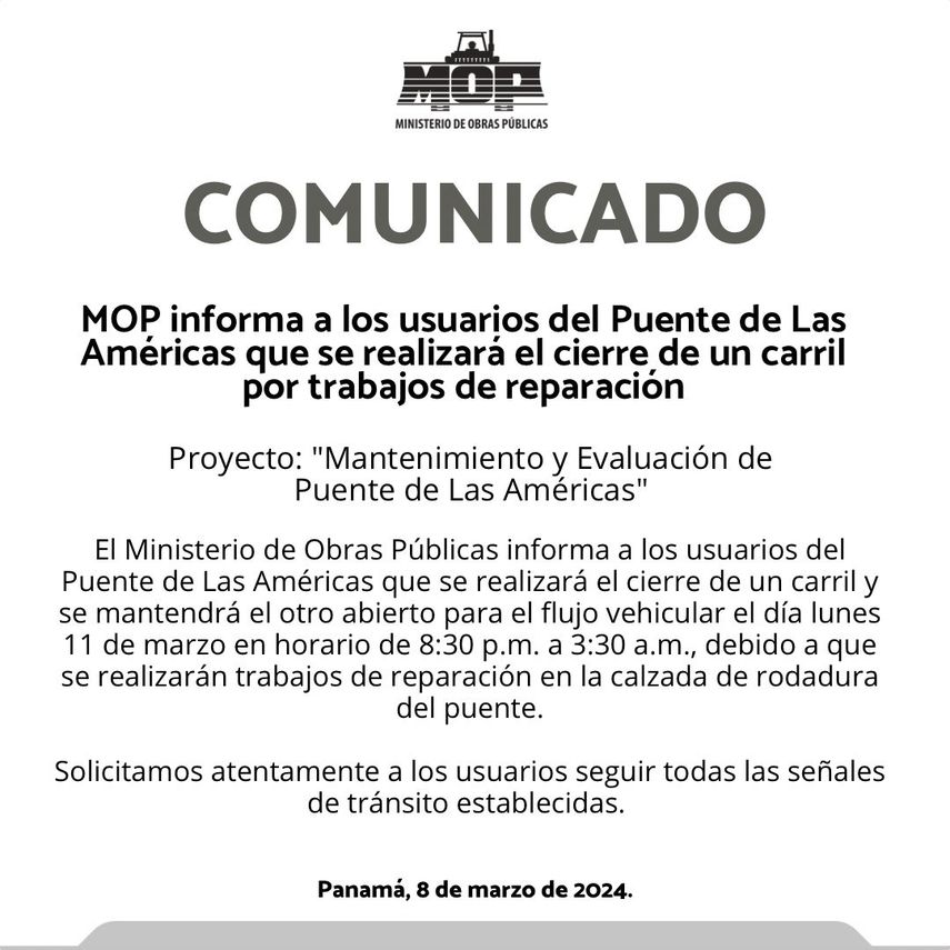 El MOP pide disculpas a la población por los inconvenientes que puedan ocasiones estas labores durante estos trabajos. El MOP pide disculpas a la población por los inconvenientes que puedan ocasiones estas labores durante estos trabajos.