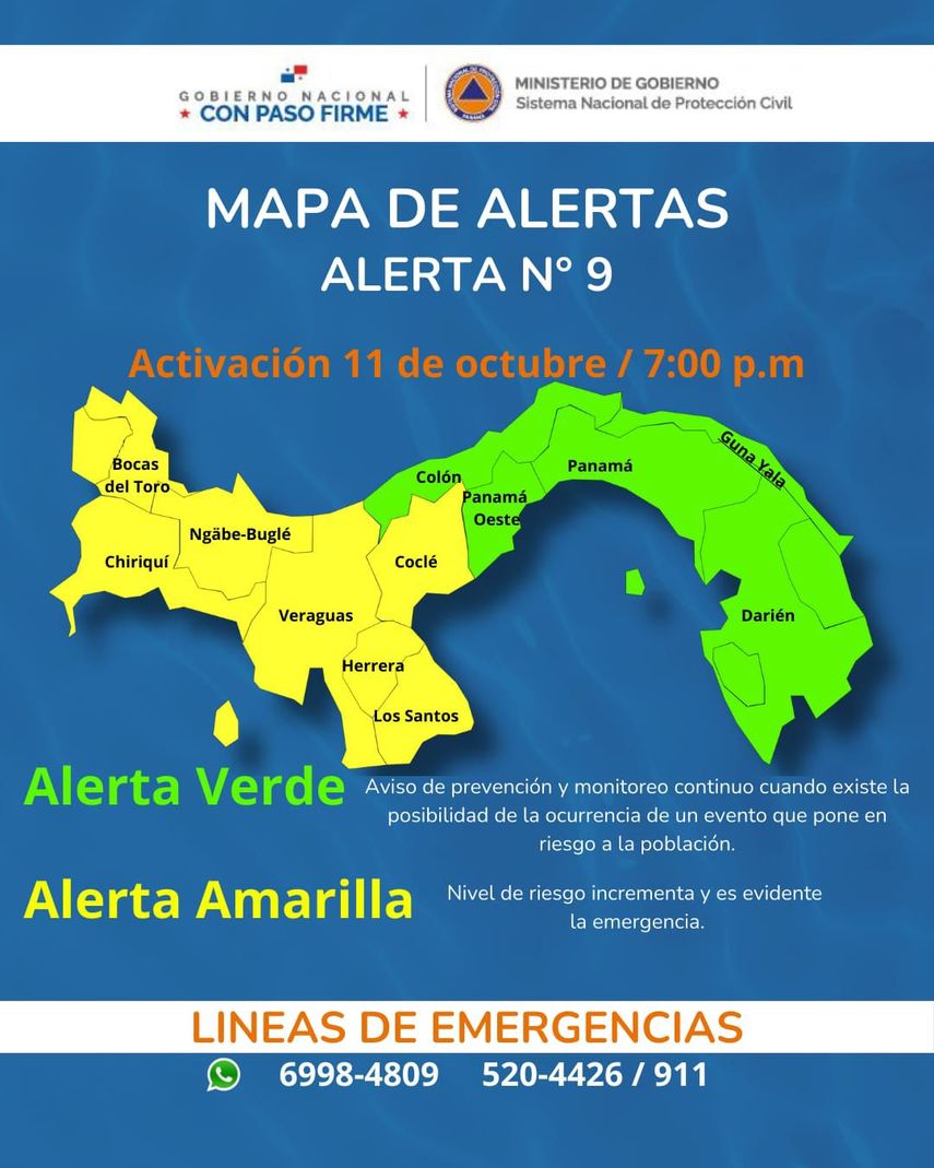El Sistema Nacional de Protección Civil (SINAPROC) ha declarado la Alerta Amarilla en seis provincias y una comarca de Panamá, ante la continuidad de fuertes lluvias y tormentas. El Sistema Nacional de Protección Civil (SINAPROC) ha declarado la Alerta Amarilla en seis provincias y una comarca de Panamá, ante la continuidad de fuertes lluvias y tormentas.