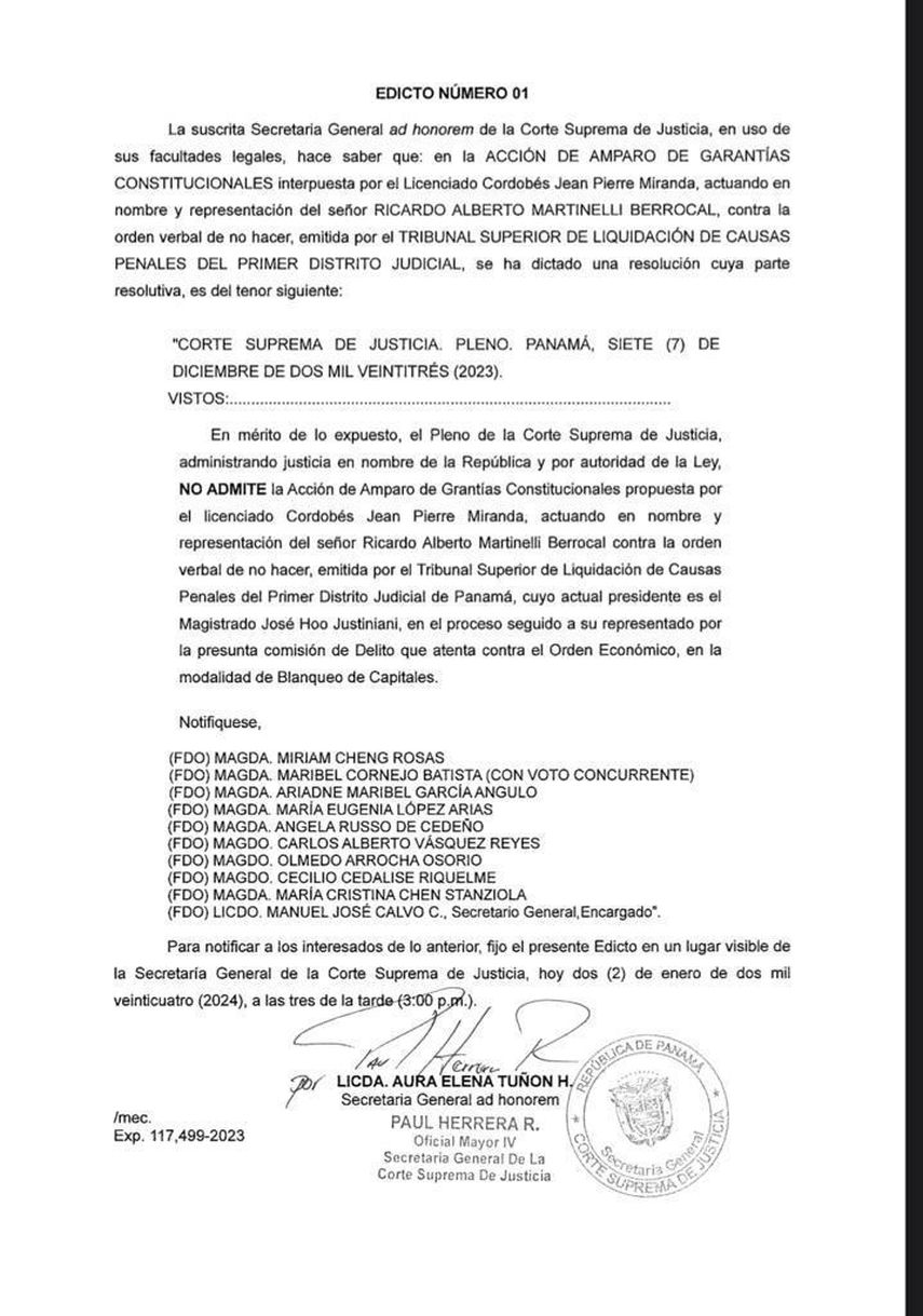 La Corte Suprema de Justicia (CSJ) no admitió un amparo de garantías presentado por la defensa legal del expresidente Ricardo Martinelli. La Corte Suprema de Justicia (CSJ) no admitió un amparo de garantías presentado por la defensa legal del expresidente Ricardo Martinelli.